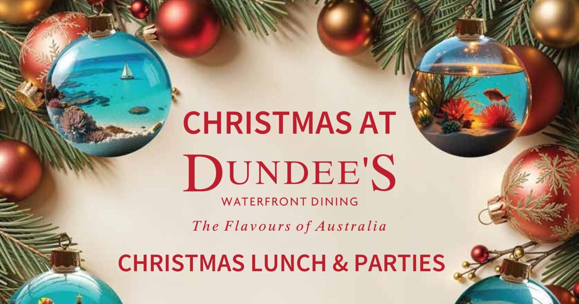 cropped-CHRISTMAS-DAY-MENU-2025.pdf-1000-x-600-px.jpg Christmas at Dundee’s on the Waterfront – festive banner with baubles, showcasing Christmas Day lunch and Christmas party celebrations in Cairns
